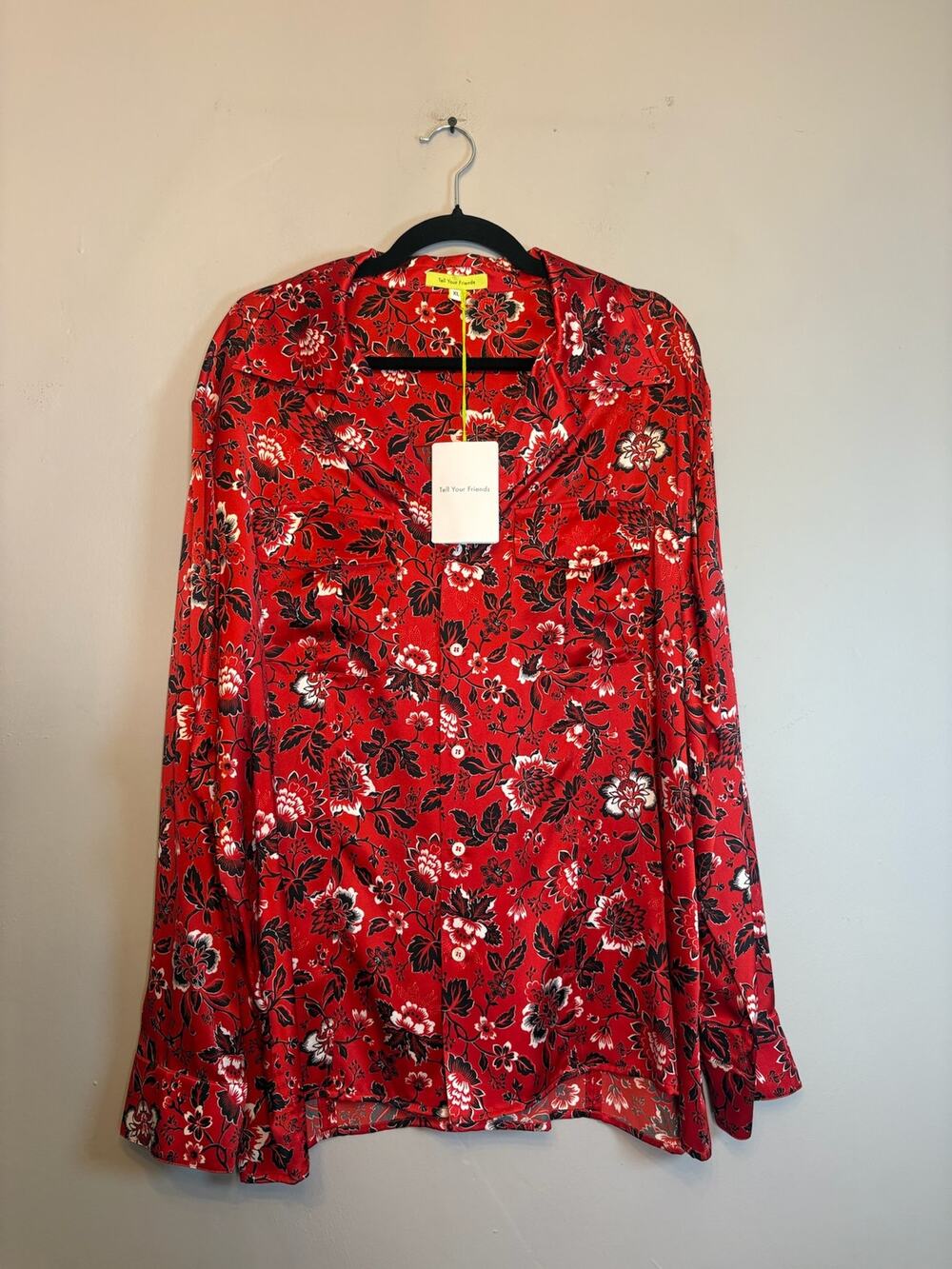Tell Your Friends Long Sleeve Button Down Blouse Top Red Floral Silk Viscose XL